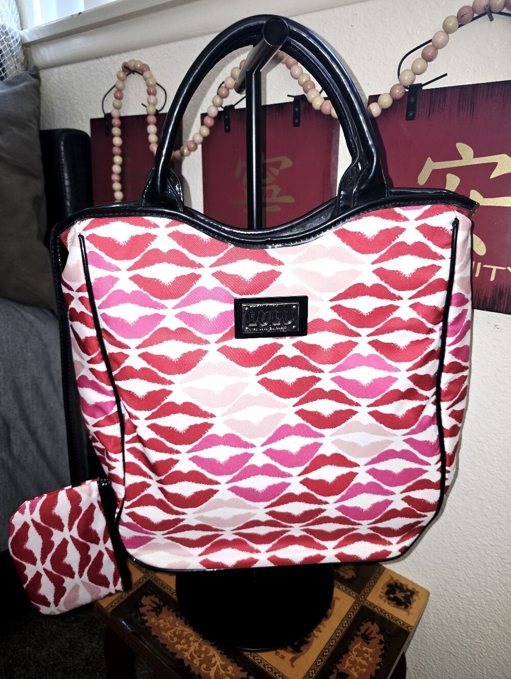 Lip Print Tote Bag And Wristlet - Pink & Red Kiss Pattern By Lulu Guinness